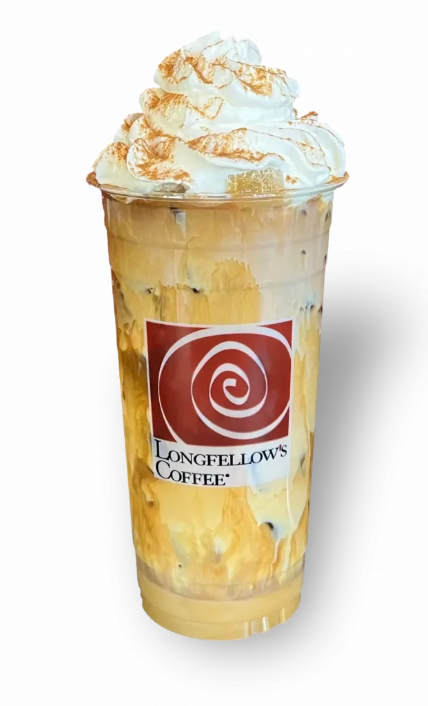 Snickerdoodle iced latte with whipped cream and cinnamon from Longfellow’s Coffee